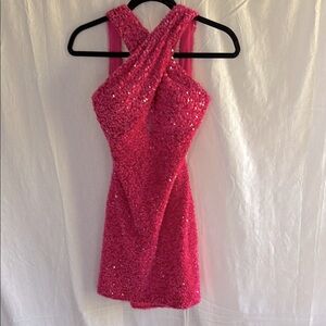 Pink Sequin Halter Bodycon Dress size Medium and stretchy!